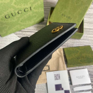 Gucci Men GG Marmont Leather Bi Fold Wallet Black Metal Free Tanned Leather Double G - WGR005