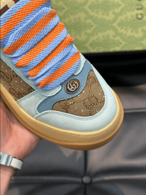 GUCCI SCREENER TRAINER SNEAKERS CAMEL AND EBONY GG CANVAS – GC169