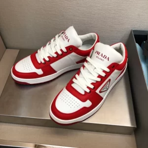 PRADA DOWNTOWN LEATHER SNEAKERS IN WHITE AND LACQUER RED- PRD012