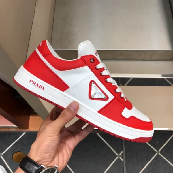 PRADA DOWNTOWN LEATHER SNEAKERS IN WHITE AND LACQUER RED- PRD012