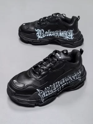 BALENCIAGA TRIPLE S SNEAKER IN BLACK AND WHITE DIY METAL ARTWORK PRINTED COWSKIN - BB270