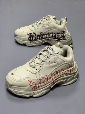 BALENCIAGA TRIPLE S SNEAKER IN WHITE, RED AND BLACK DIY METAL ARTWORK PRINTED COWSKIN - BB269