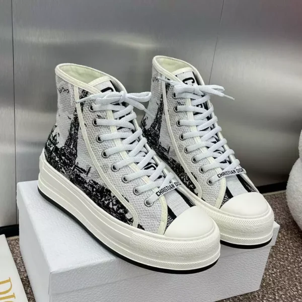 WALK'N'DIOR HIGH-TOP PLATFORM SNEAKERS WOMEN PARIS EIFFEL TOWER EMBROIDERED WHITE – CD165