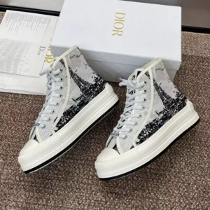 WALK'N'DIOR HIGH-TOP PLATFORM SNEAKERS WOMEN PARIS EIFFEL TOWER EMBROIDERED WHITE – CD165