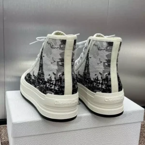 WALK'N'DIOR HIGH-TOP PLATFORM SNEAKERS WOMEN PARIS EIFFEL TOWER EMBROIDERED WHITE – CD165