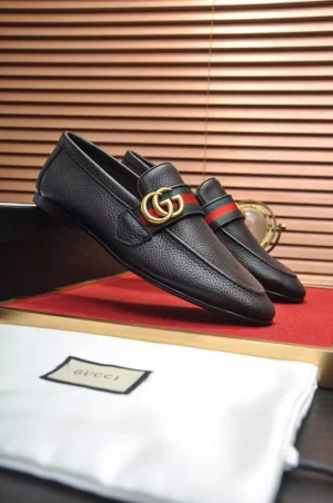 GUCCI BLACK LEATHER LOAFER WITH DOUBLE G AND WEB - LDG28