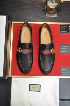 GUCCI BLACK LEATHER LOAFER WITH DOUBLE G AND WEB - LDG28