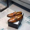 GUCCI LEATHER LOAFER WITH DOUBLE G AND WEB IN BROWN - LDG26