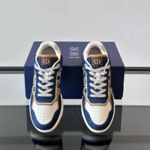 DIOR B27 UPTOWN SNEAKERS BLUE DENIM WITH BEIGE AND COGNAC SMOOTH CALFSKIN – CD216