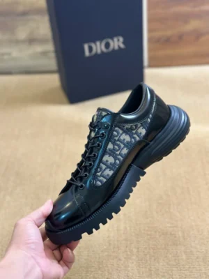 DIOR COMBAT DERBY SHOES BLACK POLISHED CALFSKIN WITH BEIGE AND BLACK OBLIQUE JACQUARD – CD196