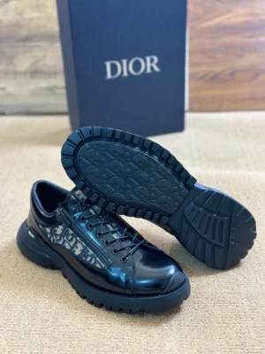 DIOR COMBAT DERBY SHOES BLACK POLISHED CALFSKIN WITH BEIGE AND BLACK OBLIQUE JACQUARD – CD196