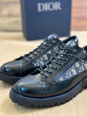 DIOR COMBAT DERBY SHOES BLACK POLISHED CALFSKIN WITH BEIGE AND BLACK OBLIQUE JACQUARD – CD196