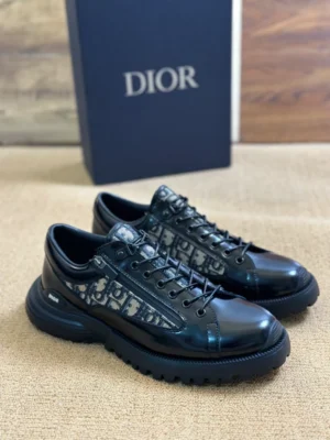 DIOR COMBAT DERBY SHOES BLACK POLISHED CALFSKIN WITH BEIGE AND BLACK OBLIQUE JACQUARD – CD196